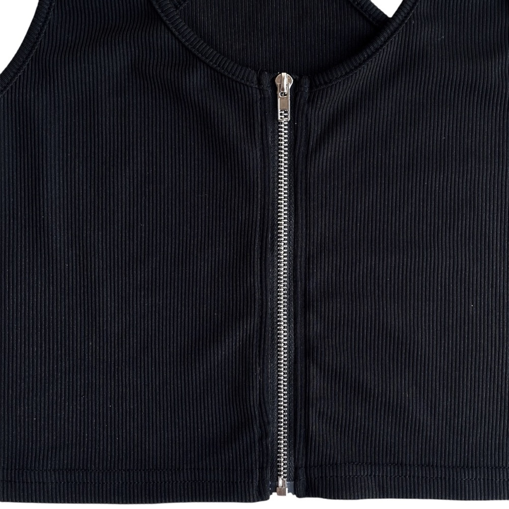 SHEIN Solid Black Ribbed Zip Front Racerback Crop Tank Top Womens XL - Picture 5 of 8